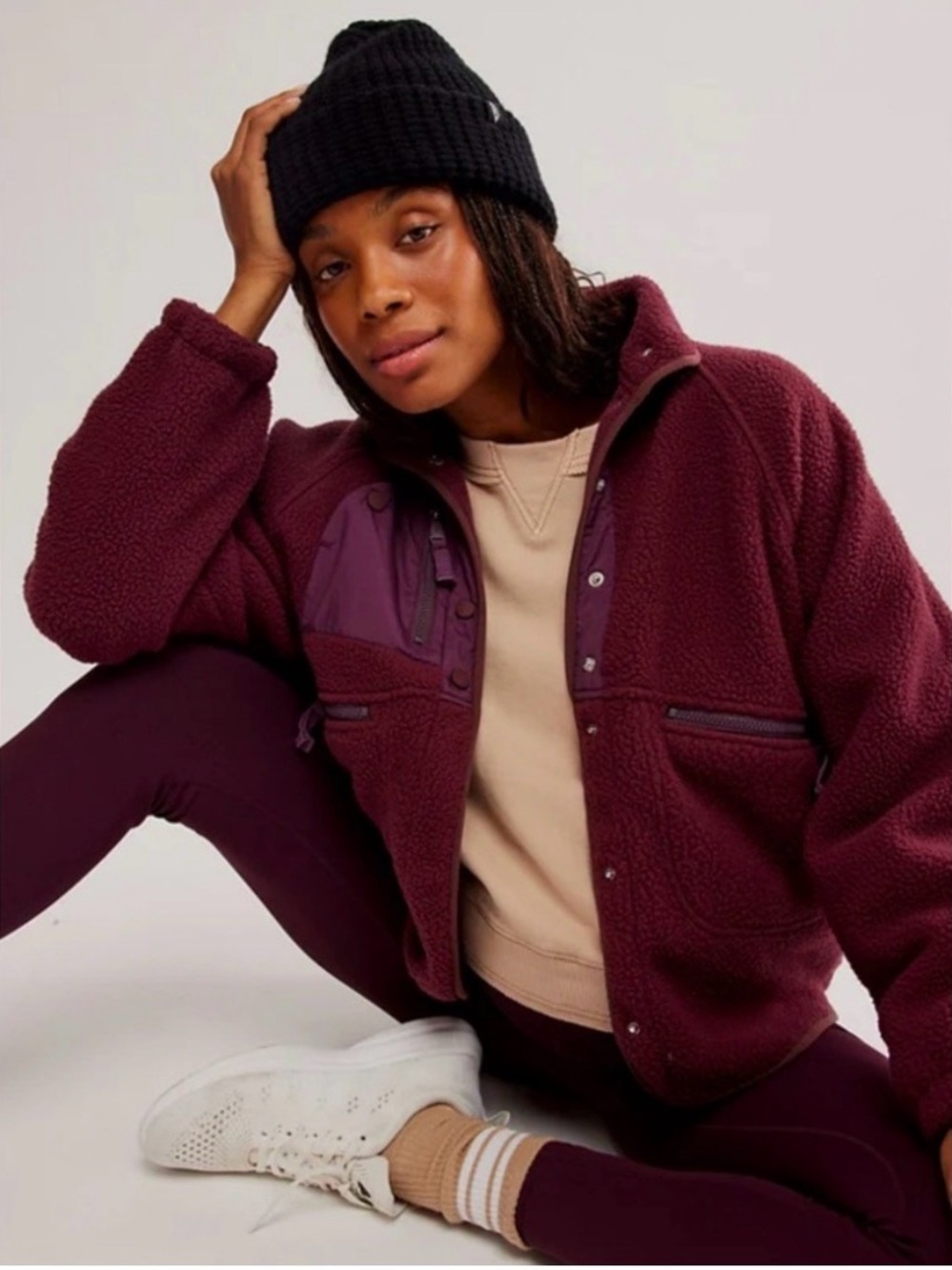Free People Plush Sherpa Jacket in Burgundy